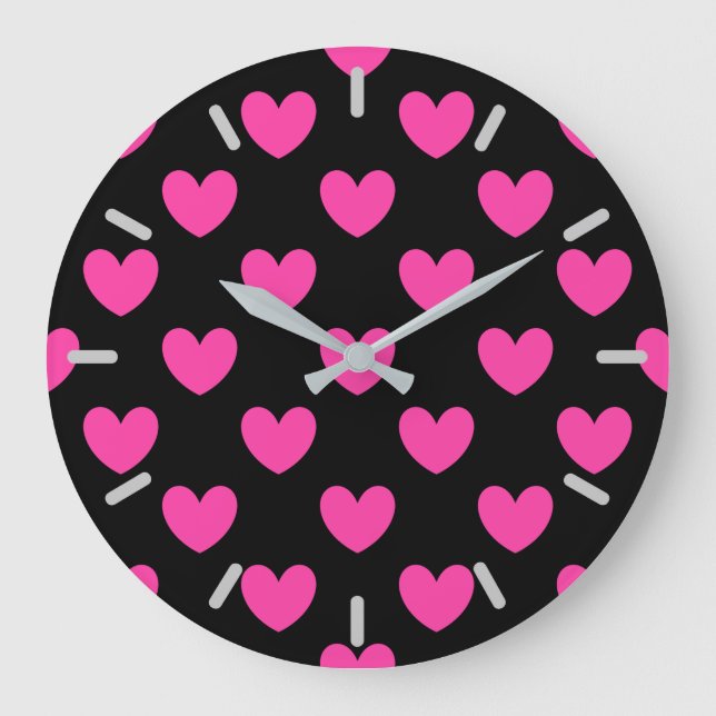 Fuchsia pink polka hearts on black large clock (Front)