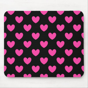 Fuchsia pink polka hearts on black mouse mat