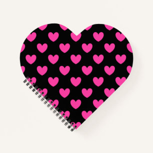 Fuchsia pink polka hearts on black notebook