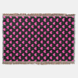 Fuchsia pink polka hearts on black throw blanket