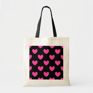 Fuchsia pink polka hearts on black tote bag