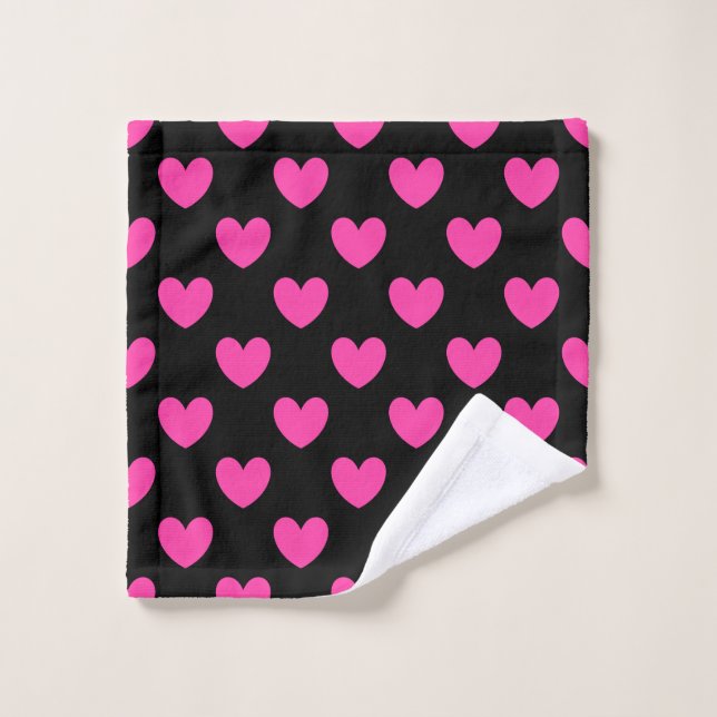Fuchsia pink polka hearts on black wash cloth (Wash Cloth)