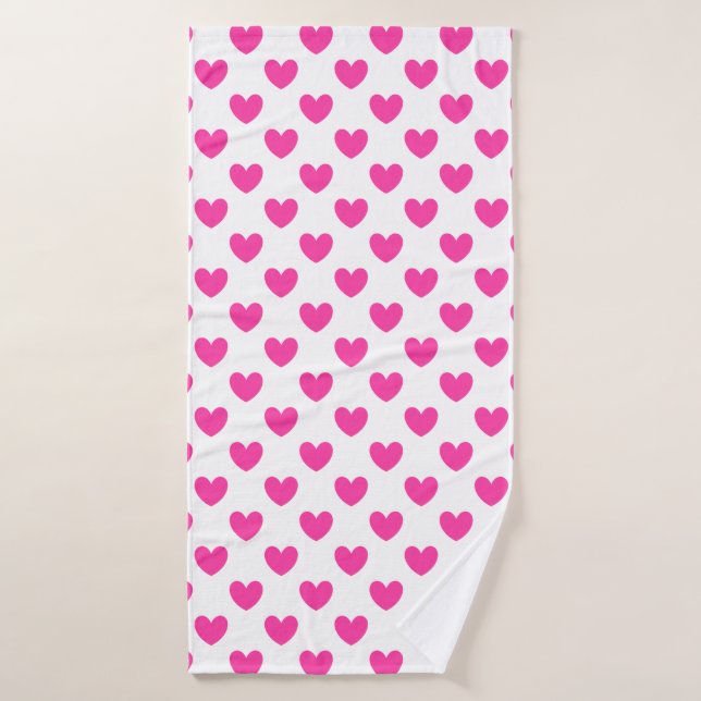 Fuchsia pink polka hearts on white bath towel (Bath Towel)