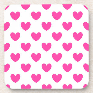 Fuchsia pink polka hearts on white coaster