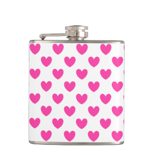 Fuchsia pink polka hearts on white hip flask
