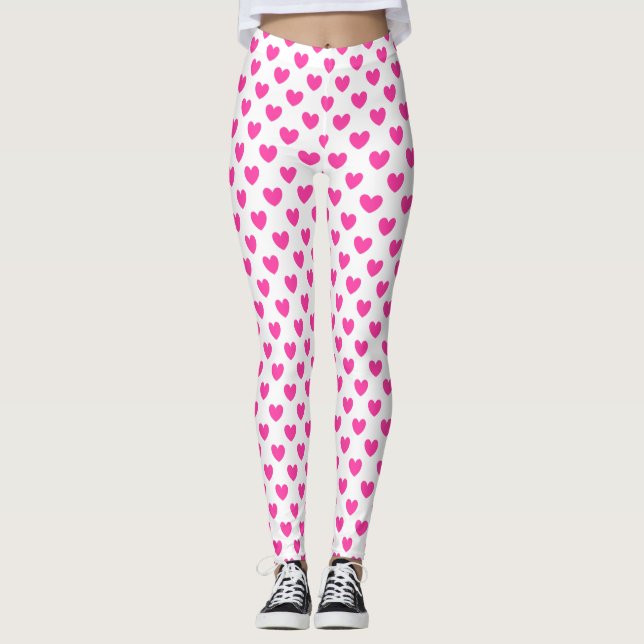 Fuchsia pink polka hearts on white leggings (Front)