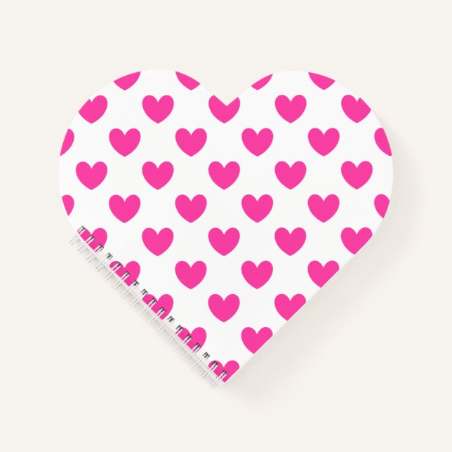Fuchsia pink polka hearts on white notebook (Front)