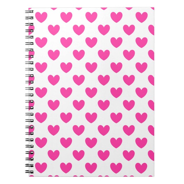 Fuchsia pink polka hearts on white notebook (Front)