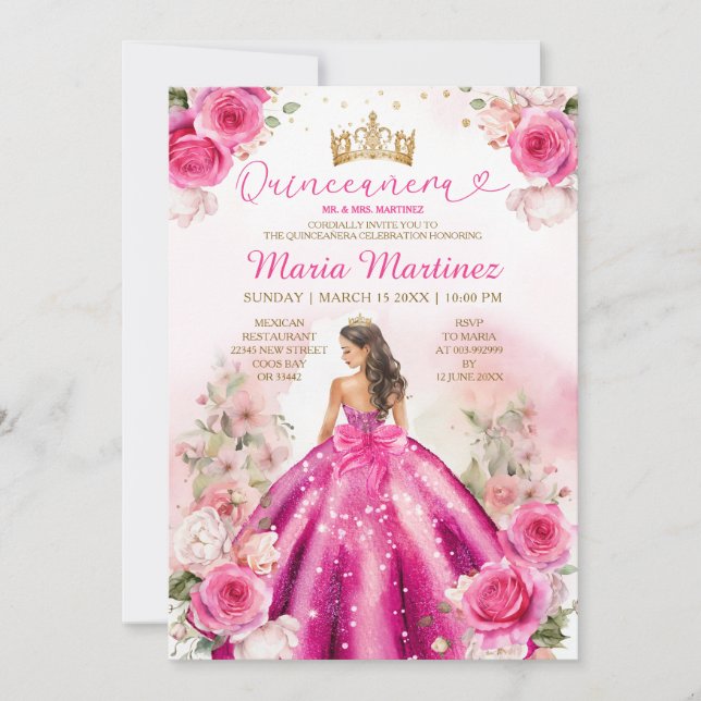 Fuchsia Pink Princess Floral Gold Quinceañera Invitation (Front)