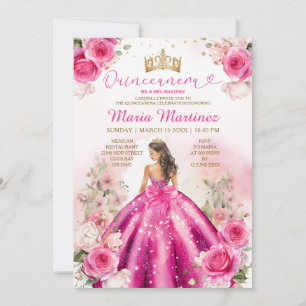 Fuchsia Pink Princess Floral Gold Quinceañera Invitation