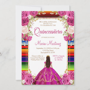 Fuchsia Pink Princess Floral Mexican Quiñceanera Invitation