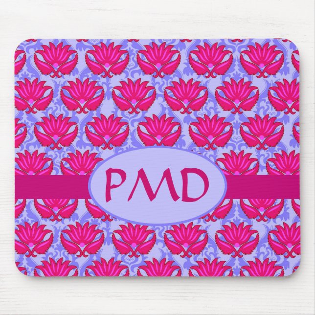 Fuchsia Pink Purple Art Nouveau Damask Monogram Mouse Mat (Front)