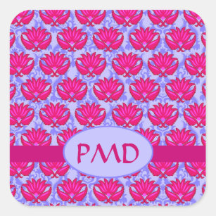 Fuchsia Pink Purple Art Nouveau Damask Monogram Square Sticker