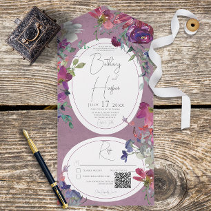 Fuchsia Pink & Purple Boho Floral QR Code All In One Invitation