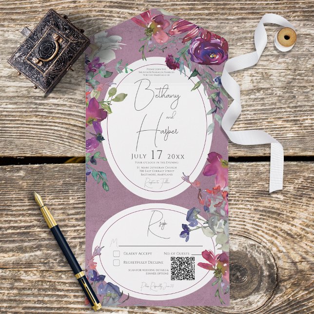 Fuchsia Pink & Purple Boho Floral QR Code All In One Invitation (Creator Uploaded)