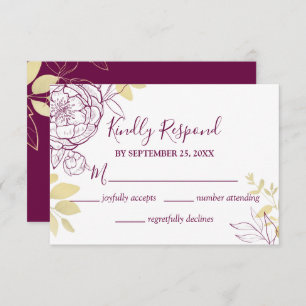 Fuchsia Pink Purple & Gold Peony Floral Wedding RSVP Card