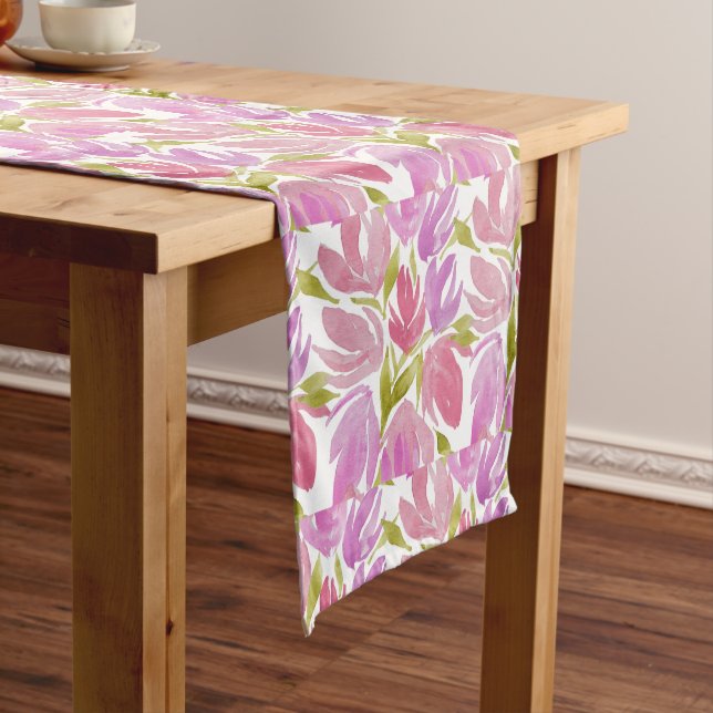 Fuchsia Pink Purple Watercolor Floral Long Table Runner (In Situ)