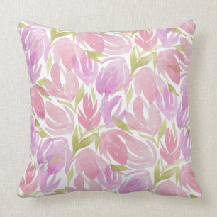 Fuchsia Pink Purple Watercolor Flowers Pattern Cushion