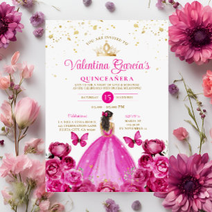 Fuchsia Pink Quinceañera 15 Anos Crown Birthday Invitation