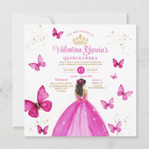 Fuchsia Pink Quinceañera 15 Anos Gold Birthday Invitation