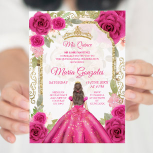 Fuchsia Pink Rose & Dress Charra Mis XV Anos Invitation
