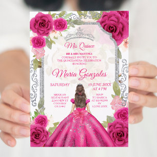 Fuchsia Pink Rose & Dress Charra Mis XV Anos Invitation