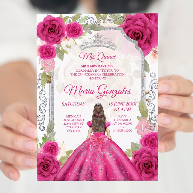 Fuchsia Pink Rose & Dress Charra Mis XV Anos Invitation (Creator Uploaded)