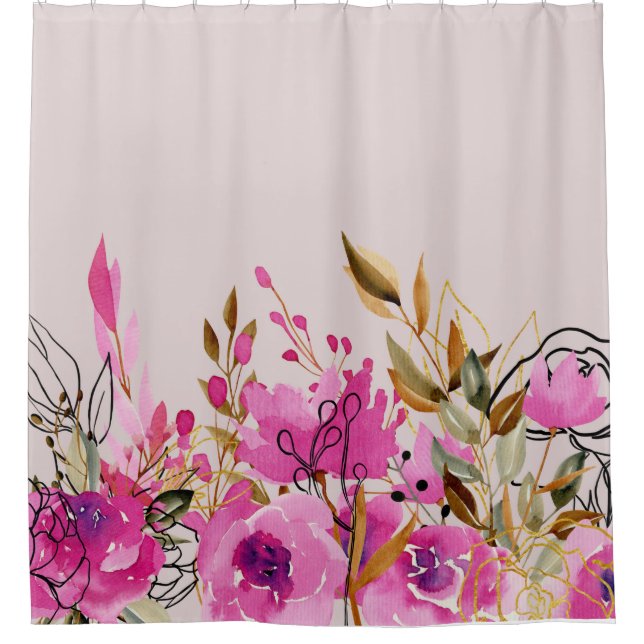 Fuchsia Pink Roses and Gold Leaves Art Shower Curtain (Front)