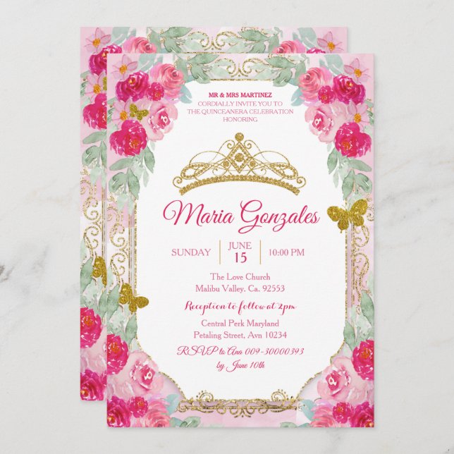 Fuchsia Pink Roses & Butterfly Mis Quince Invitation (Front/Back)