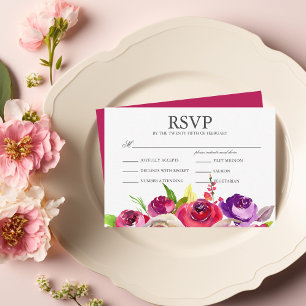 Fuchsia Pink Roses Garden Wedding Meal RSVP Card