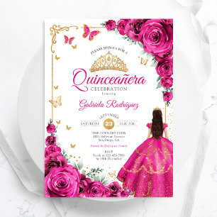 Fuchsia Pink Roses Gold Quinceanera Elegant Chic Invitation