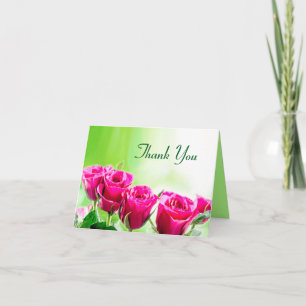 Fuchsia Pink Roses on a Light Green Background Thank You Card