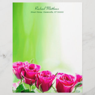 Fuchsia Pink Roses on Light Green Background Letterhead Template