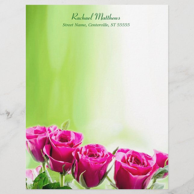 Fuchsia Pink Roses on Light Green Background Letterhead Template (Front)