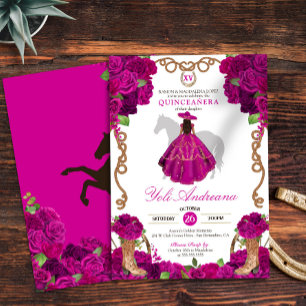 Fuchsia Pink Roses Western Charro Quinceañera Invitation