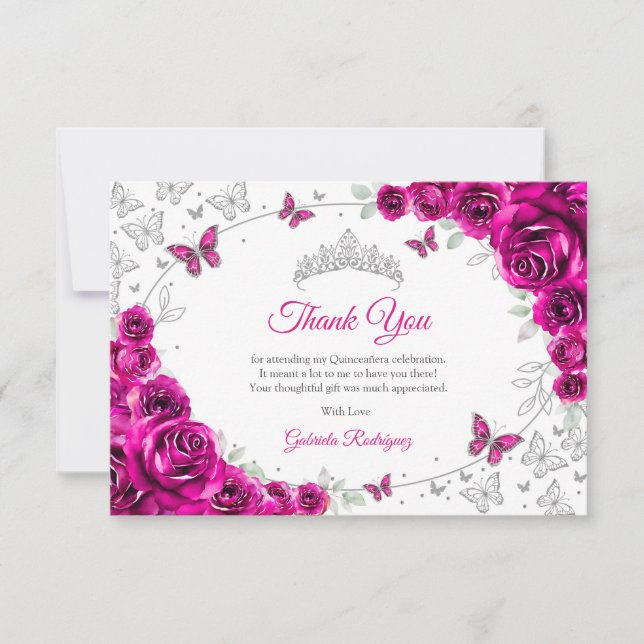 Fuchsia Pink Silver Floral Quinceanera Thank You Card (Front)