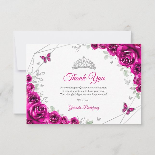 Fuchsia Pink Silver Floral Quinceanera Thank You Card (Front)