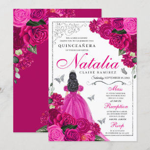 Fuchsia Pink Silver Princess Butterfly Quinceañera Invitation