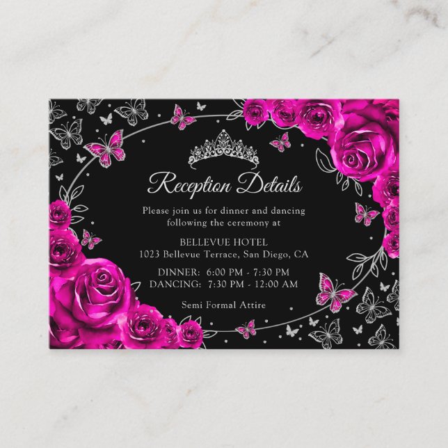 Fuchsia Pink Silver Quinceanera Reception Details Enclosure Card (Front)