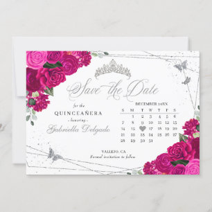Fuchsia Pink & Silver Quinceañera Save The Date Invitation