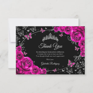 Fuchsia Pink Silver Quinceanera Thank You Card