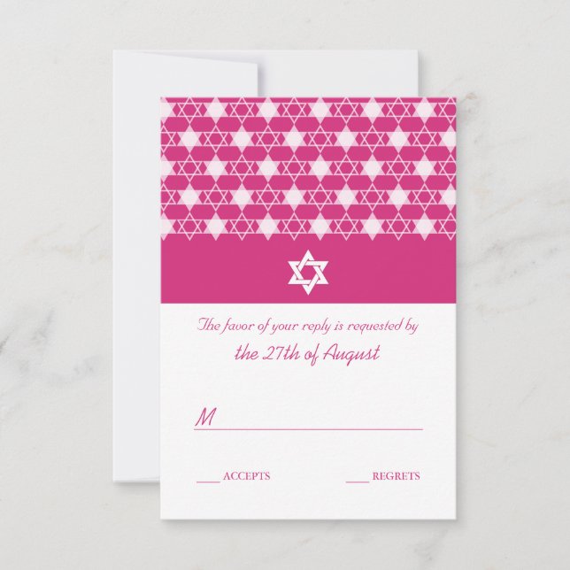 Fuchsia Pink Stars Of David Bat Mitzvah RSVP Card (Front)