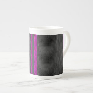 Fuchsia Pink Stripes in Carbon Fibre Style Bone China Mug
