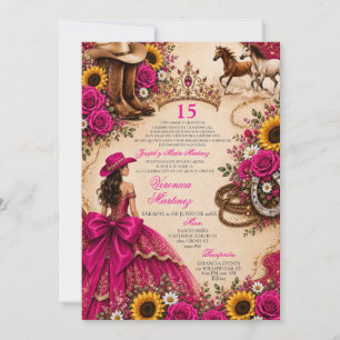 Fuchsia Pink Sunflower Rose Vaquera Quinceañera Invitation