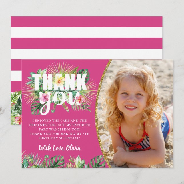 Fuchsia Pink Tropical Floral Beach Party Photo Thank You Card (Front/Back)
