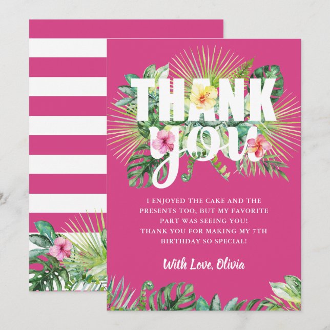 Fuchsia Pink Tropical Greenery Floral Birthday Thank You Card (Front/Back)