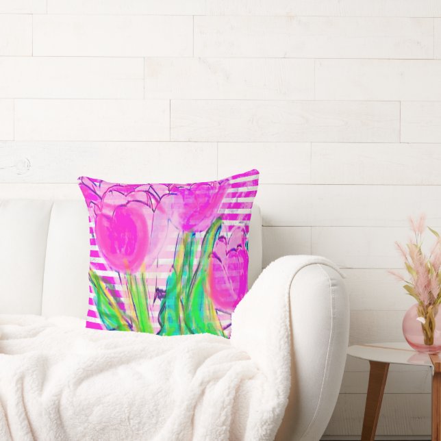Fuchsia Pink Tulips in a Vase Multimedia  Cushion (Couch)
