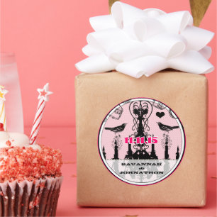 Fuchsia Pink Vintage Chandelier Bird Wedding Classic Round Sticker