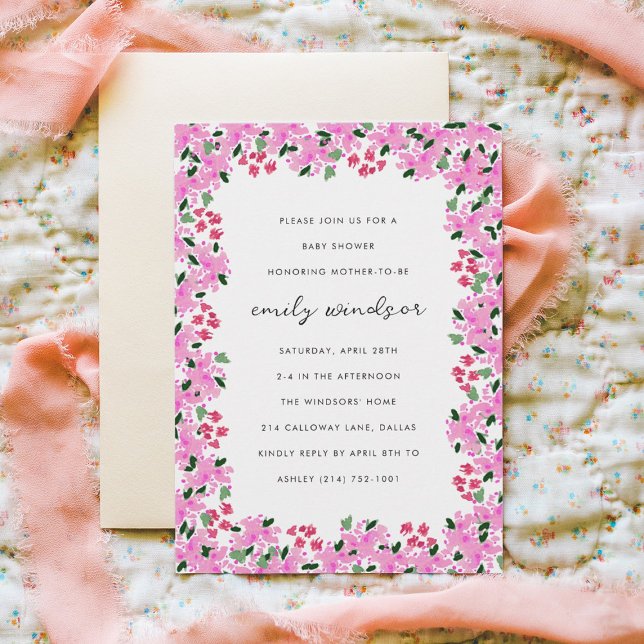 Fuchsia Pink Watercolor Floral Garden Baby Shower Invitation (Creator Uploaded)