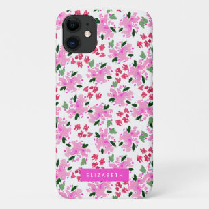 Fuchsia Pink Watercolor Floral Garden Personalised iPhone 11 Case